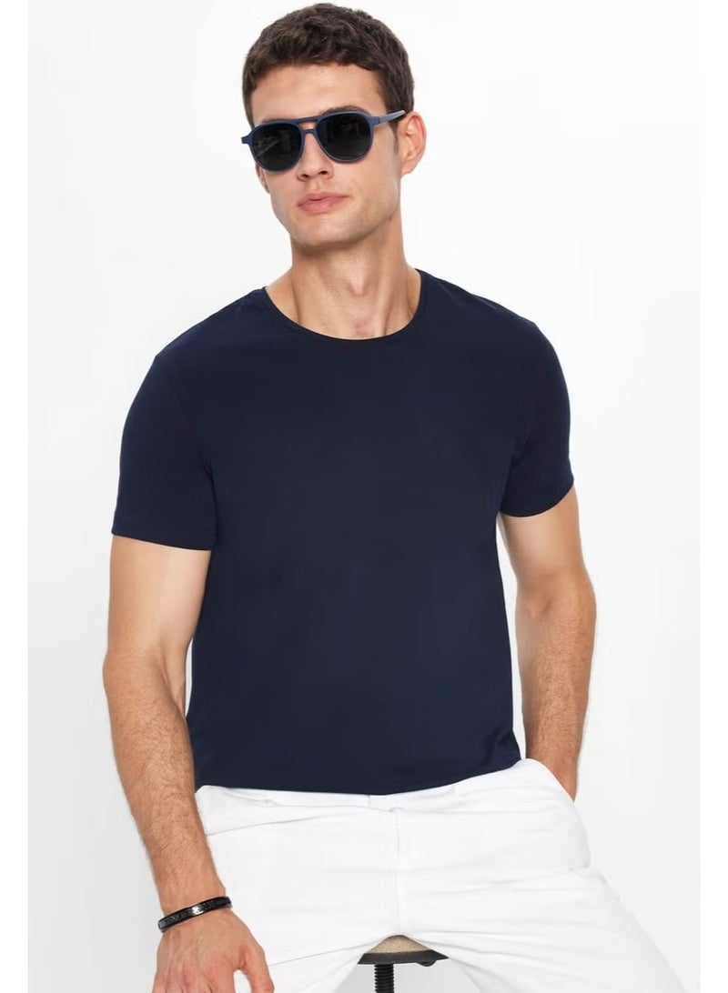 Tudors Men's Slim Fit Slim Cut Cotton Soft Texture Flexible Fabric Plain Basic Navy Blue Crew Neck T-Shirt - Image 1