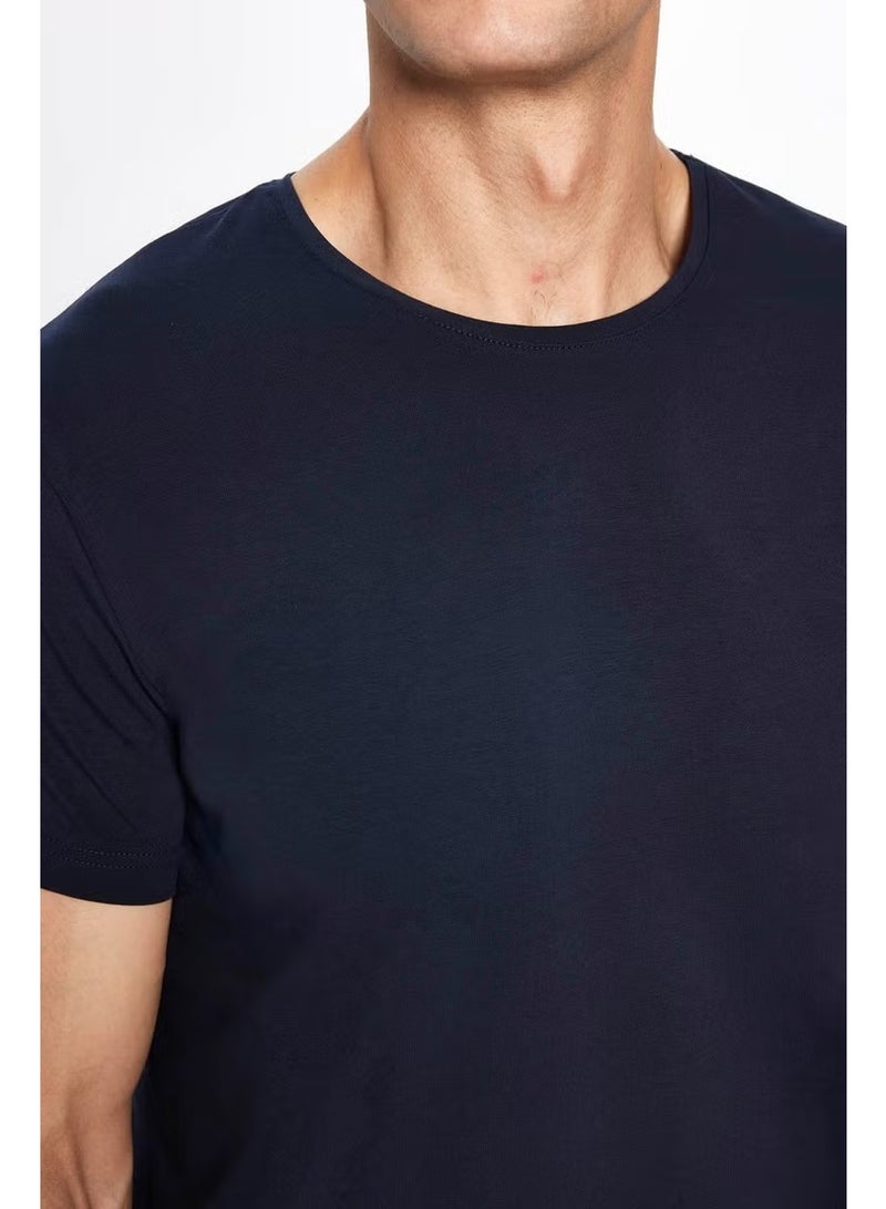 Tudors Men's Slim Fit Slim Cut Cotton Soft Texture Flexible Fabric Plain Basic Navy Blue Crew Neck T-Shirt - Image 4