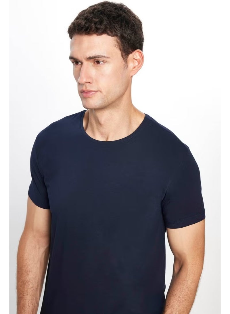 Tudors Men's Slim Fit Slim Cut Cotton Soft Texture Flexible Fabric Plain Basic Navy Blue Crew Neck T-Shirt - Image 2