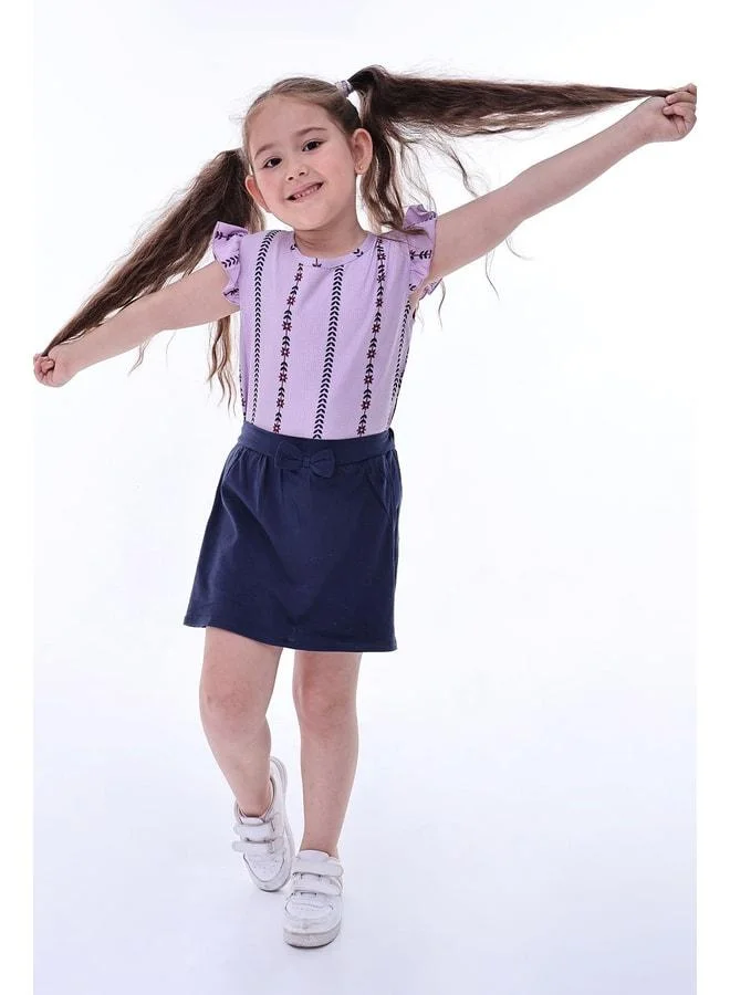 Zuzunga Frilly Fabric Floral-Patterned Ruffle Sleeve Bow-Detail Girl's Shorts Skirt Set.