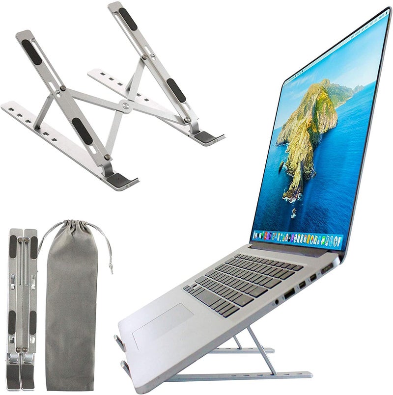 Premium Portable Metal Laptop Stand - Heavy-Duty Aluminum Laptop Riser - Durable High-Density Foldable Design with 6-Angle Height Adjustment & Non-Slip Silicone Protection Pads for MacBook, iPad, Tablets & Phones (Sleek Modern Metallic Silver Space-Saving Profile) - Manual Workspace Sorting Convenience & Ergonomic Office Facility Asset Management Template