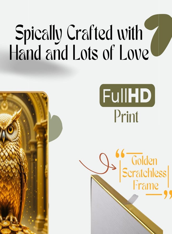 Arkasto Golden Owl Sitting on Coins | Vastu Painting for Wealth & Prosperity | Golden Decorative Owl Wall Décor for Home & Office (Style-03, 12x18 inch) - Image 4