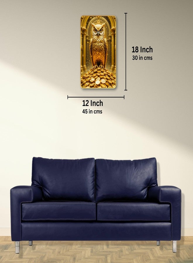 Arkasto Golden Owl Sitting on Coins | Vastu Painting for Wealth & Prosperity | Golden Decorative Owl Wall Décor for Home & Office (Style-03, 12x18 inch) - Image 5