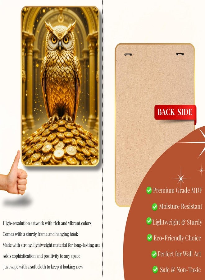 Arkasto Golden Owl Sitting on Coins | Vastu Painting for Wealth & Prosperity | Golden Decorative Owl Wall Décor for Home & Office (Style-03, 12x18 inch) - Image 2