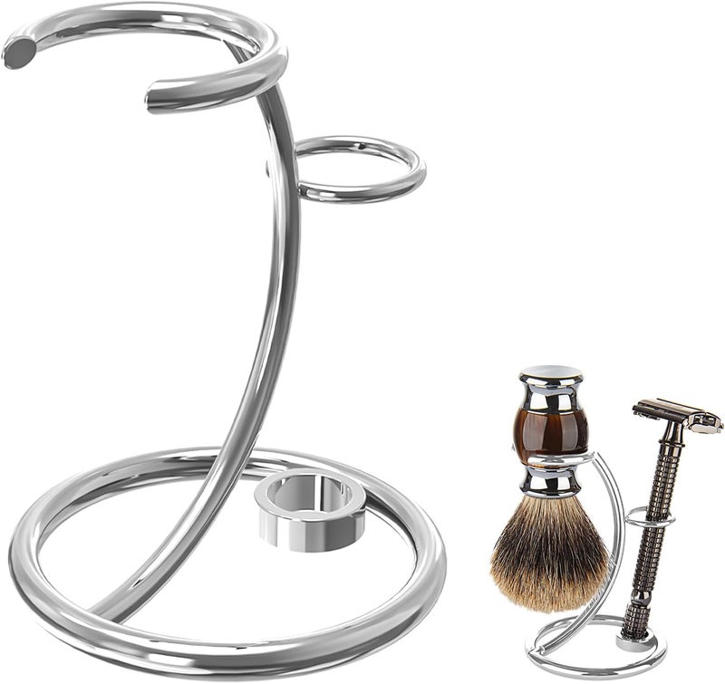 Linkidea Shaver Kit Storage Stand, Holder for Safety Razor and Shaving Brush Hold, Shaving Kit Stand Fit to Shower Room, Bathroom, Compatible with Manual Razor (Chrome Plated/Silver)