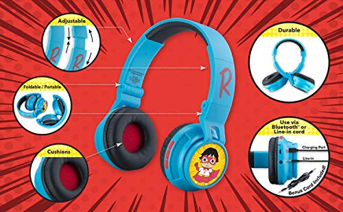 eKids Ryans World Kids Bluetooth Head Phones, Wireless Headphones with Microphone Includes Aux Cord, Volume Reduced Kids Foldable Headphones for School, Home, or Travel - Image 2