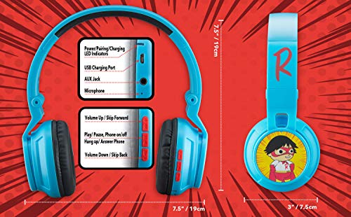 eKids Ryans World Kids Bluetooth Head Phones, Wireless Headphones with Microphone Includes Aux Cord, Volume Reduced Kids Foldable Headphones for School, Home, or Travel - Image 5