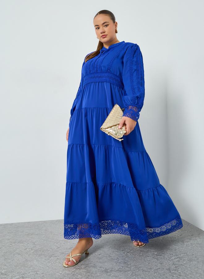 Styli Plus Size Blue Long Sleeves Tiered Maxi Dress - Image 1