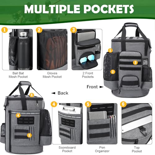 SunForMorning Baseball Bucket Bag Baseball Coaching Accessories Organizer Softball Bucket Bag with Anti-Slip Bottom & Multiple Pockets for Bat, Gloves, Scoreboards, Black+Grey - Image 3