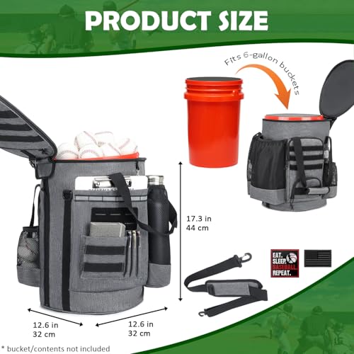 SunForMorning Baseball Bucket Bag Baseball Coaching Accessories Organizer Softball Bucket Bag with Anti-Slip Bottom & Multiple Pockets for Bat, Gloves, Scoreboards, Black+Grey - Image 2
