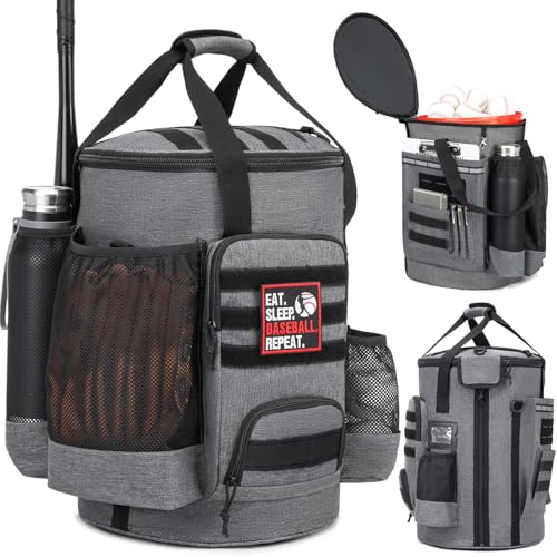 SunForMorning Baseball Bucket Bag Baseball Coaching Accessories Organizer Softball Bucket Bag with Anti-Slip Bottom & Multiple Pockets for Bat, Gloves, Scoreboards, Black+Grey - Image 1