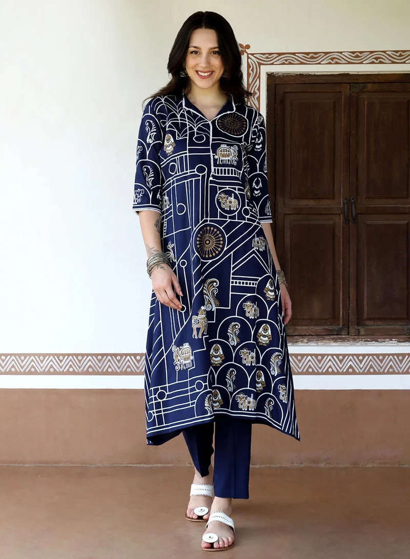 QISSA Women's Navy Blue Animal Print Kurta With Navy Blue Trousers Set