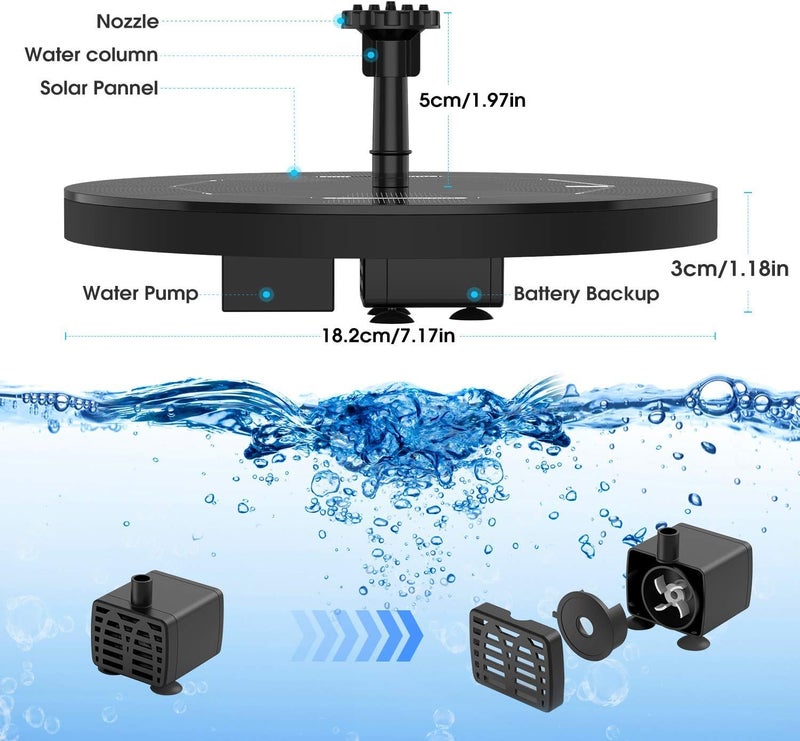 AISITIN 3.5W Solar Fountain Pump Built-in 1500mAh Battery, Bird Bath Fountain with 6 Nozzles, Solar Floating Water Pump for Bird Bath, Fish Tank, Pond, Pool, Garden and Outdoor - Image 4