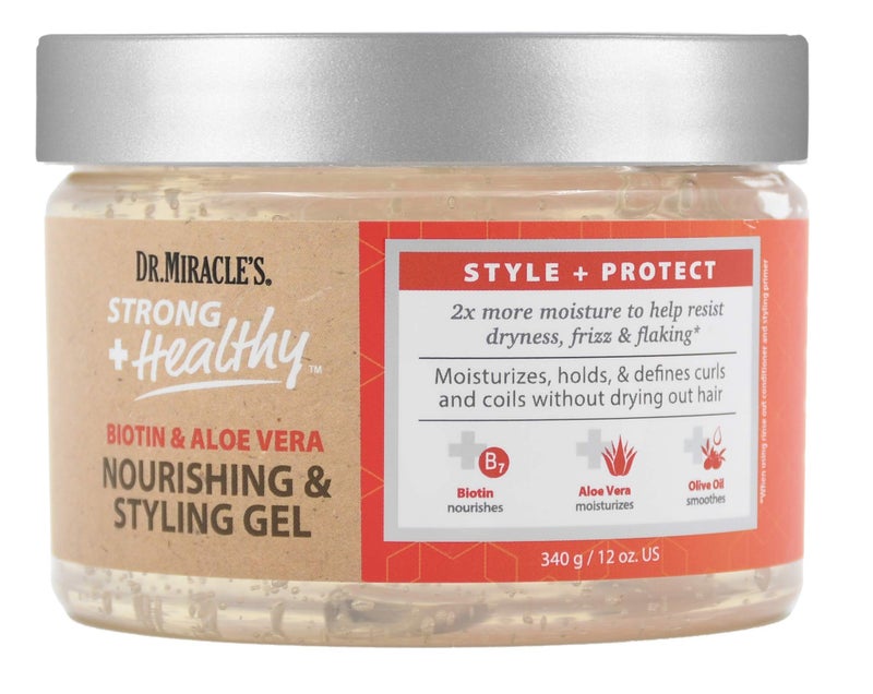 Dr. Miracle's Strong & Healthy Nourishing & Styling Gel. Contains Aloe Vera and Olive Oil to moisturize hair and reduce irritation. - Image 1