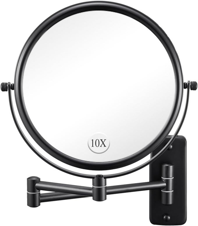 WALL MOUNTED MAKEUP MIRROR - 1X/10X MAGNIFYING MIRROR FOR WALL, 8 INCH DOUBLE SIDED 360 SWIVEL EXTENDABLE BATHROOM MIRROR FOR SHAVING, BLACK