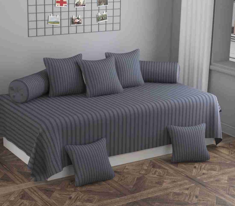 Castiqa Satin Fabric Stripes Patter Diwan Blend Set of 8 Pcs One Single Bed Sheet with 5 Cushions Covers and 2 Bolster Covers (Light Grey) - Image 5