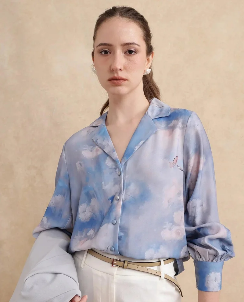 ريريزم Women's Lapel Neck Floral Print Top