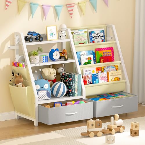 Twinkoo Kids Bookshelf and Toy Organizer Sturdy 3 Tier Kid Bookcase Sling Bookshelf and 2 Toy Bins Toddler Montessori Book Shelf with Toy Storage Organizer for Children Room Playroom Nursery