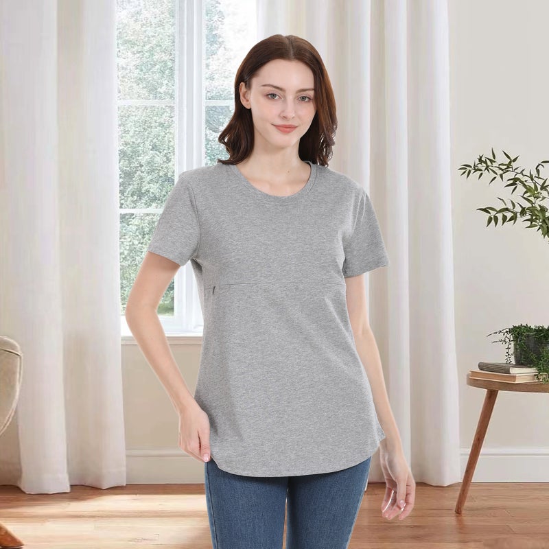 Summer Hot Mom Pregnant Womens Short-sleeved T-shirt Pure Cotton Zipper Breastfeeding Clothes Home Base Shirt European and American plus size for in stock Army Green  - Image 2