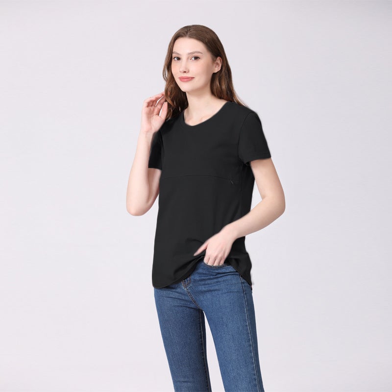 Summer Hot Mom Pregnant Womens Short-sleeved T-shirt Pure Cotton Zipper Breastfeeding Clothes Home Base Shirt European and American plus size for in stock Army Green  - Image 3
