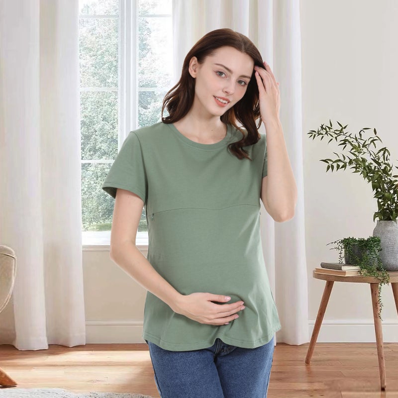 Summer Hot Mom Pregnant Womens Short-sleeved T-shirt Pure Cotton Zipper Breastfeeding Clothes Home Base Shirt European and American plus size for in stock Army Green  - Image 1