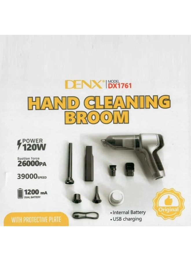 دينكس مكنسة كهربائية محمولة DENX DX1761 - شفط قوي 120 واط، 26000 باسكال، لاسلكية محمولة لإزالة الغبار مع بطارية 1200 مللي أمبير/ساعة وشحن USB لتنظيف المنزل والمكتب والسيارة - Image 1