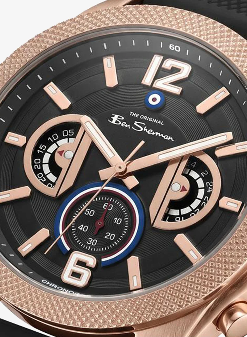 Ben Sherman Sheffield Black Dial Black Silicone Strap Chronograph Watch for Men, 44mm