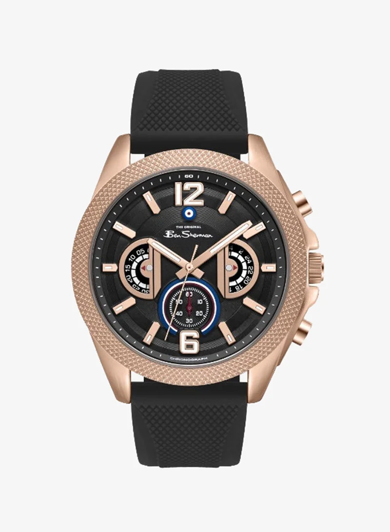 Ben Sherman Sheffield Black Dial Black Silicone Strap Chronograph Watch for Men, 44mm