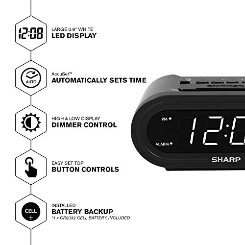 Sharp Digital Alarm with AccuSet - Automatic Smart Clock, Never Needs Setting (Midnight Black-White LED) - Image 2
