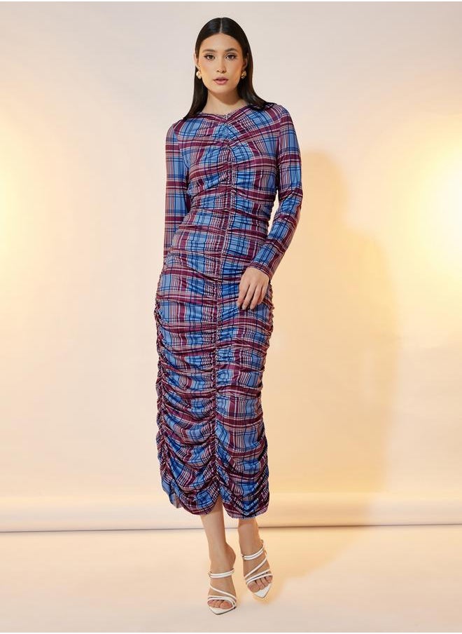 Take Two - Check Print Gathered Bodycon Midi Dress - Image 1