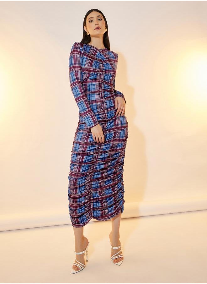 Take Two - Check Print Gathered Bodycon Midi Dress - Image 1
