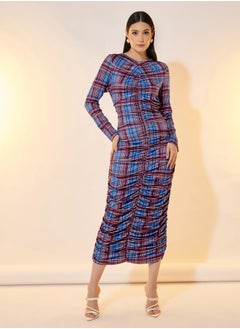Take Two Check Print Gathered Bodycon Midi Dress  - Image 3