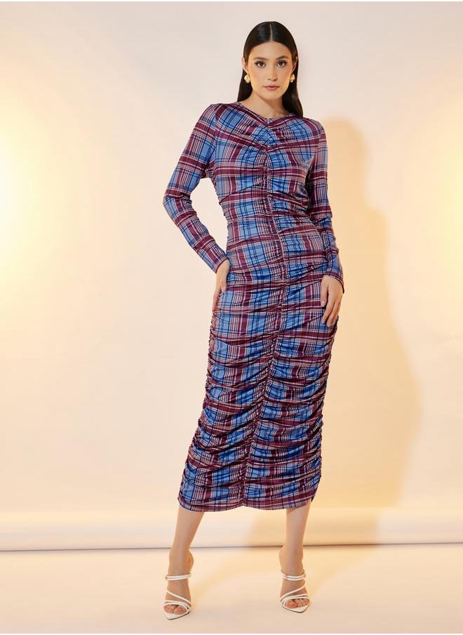 Take Two - Check Print Gathered Bodycon Midi Dress - Image 1
