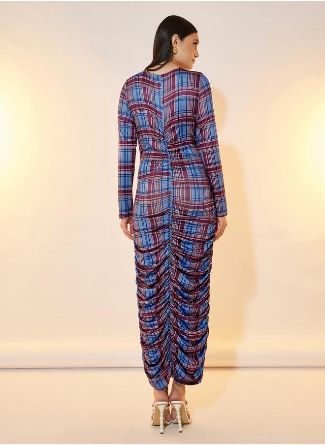 Take Two - Check Print Gathered Bodycon Midi Dress - Image 1