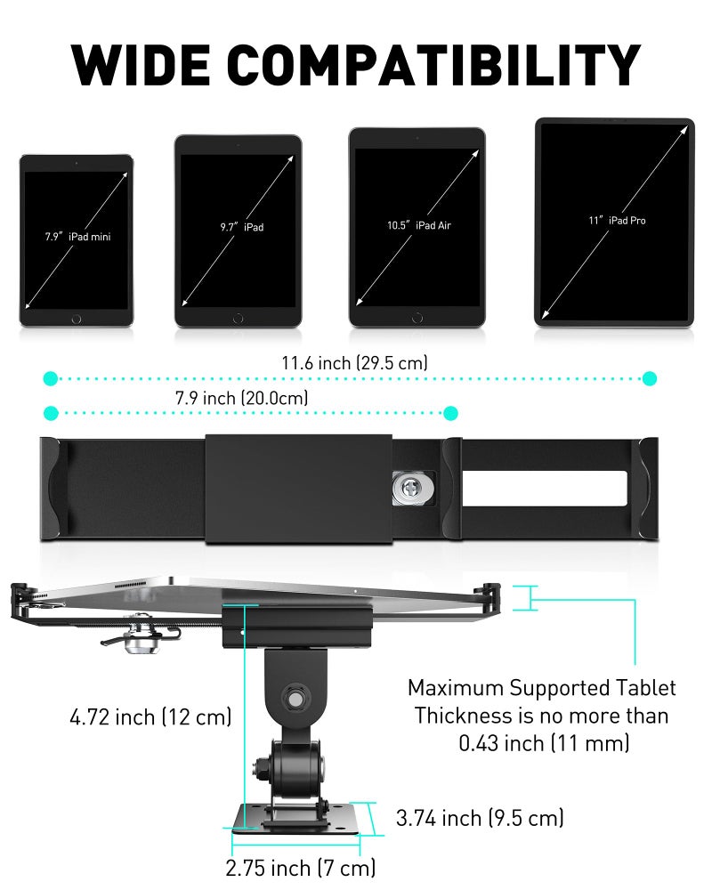 AboveTEK Tablet Wall Mount -360Â° Rotation iPad Wall Holder for Retail & Business, Anti Theft iPads Stand Fits 7"-11" Tablets Including iPad Pro/Air/Mini, Galaxy Tab - Security Lock & Key - (Black) - Image 3
