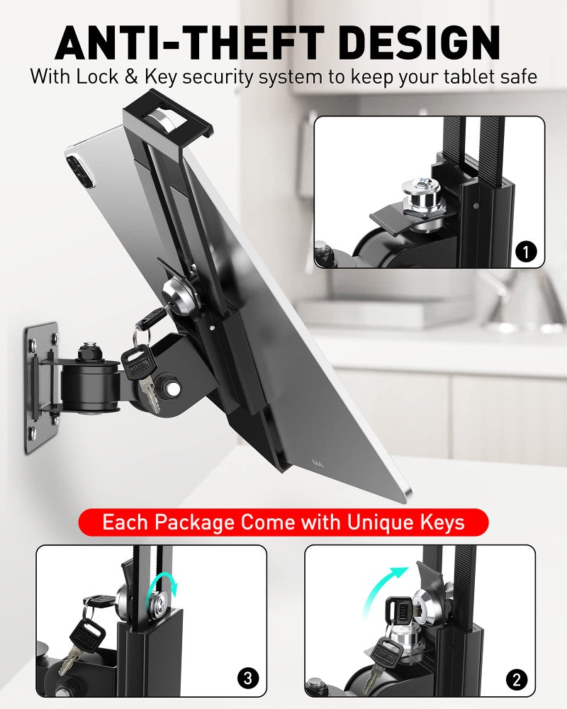 AboveTEK Tablet Wall Mount -360Â° Rotation iPad Wall Holder for Retail & Business, Anti Theft iPads Stand Fits 7"-11" Tablets Including iPad Pro/Air/Mini, Galaxy Tab - Security Lock & Key - (Black) - Image 5