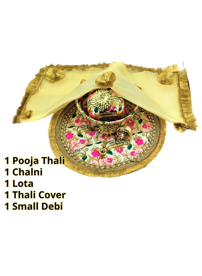 Artonezt مجموعة صينية كاروا تشاوث المطرزة يدويًا (صينية، كلاش، شالني، غطاء صينية، ديفي صغيرة) صواني بوجا لكاروا تشاوث، زفاف، ديوالي، نافراتري، فارالاكسمي، لاكشمي، غانيش آرتي - Image 2