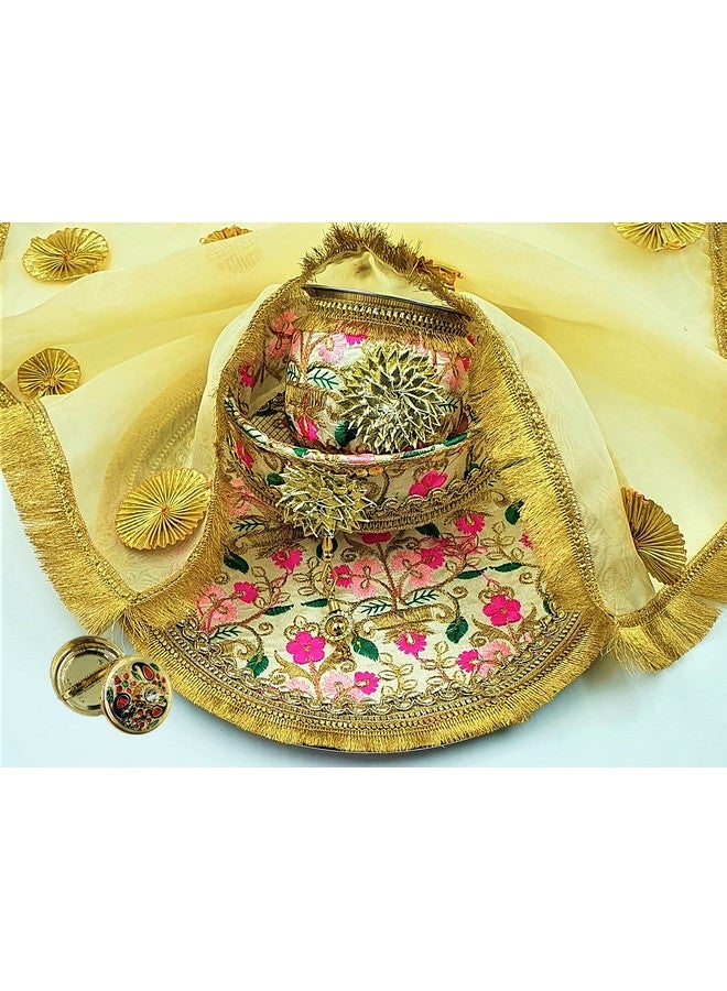 Artonezt مجموعة صينية كاروا تشاوث المطرزة يدويًا (صينية، كلاش، شالني، غطاء صينية، ديفي صغيرة) صواني بوجا لكاروا تشاوث، زفاف، ديوالي، نافراتري، فارالاكسمي، لاكشمي، غانيش آرتي - Image 1