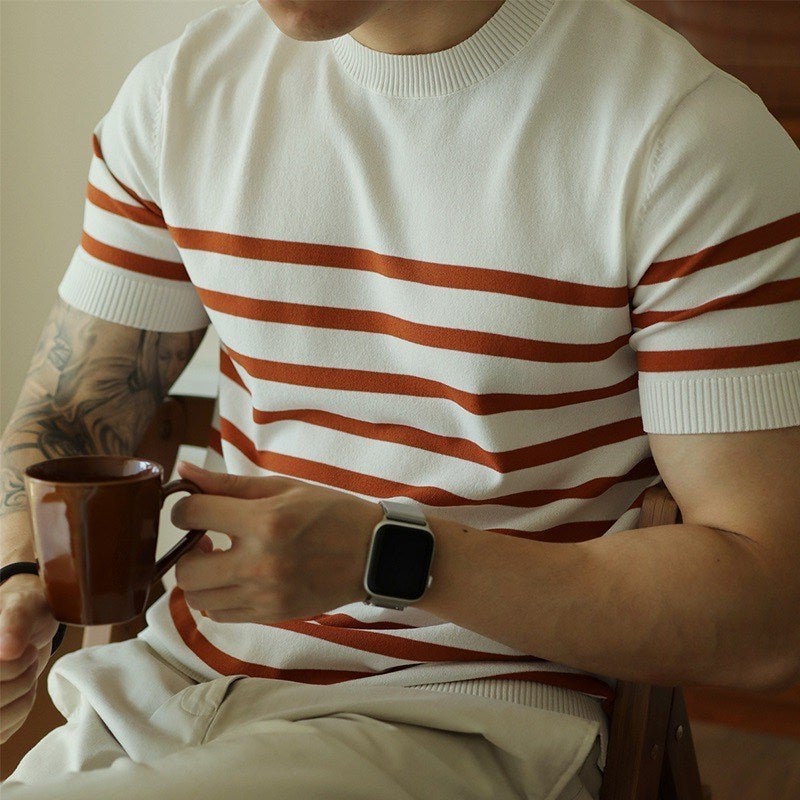 Light Mature Style Round Neck Striped Knitted Short-Sleeved T-Shirt Retro Men'S Casual Business Top Half-Sleeved T-Shirt - Image 5