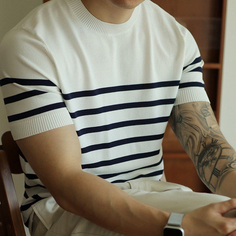 Light Mature Style Round Neck Striped Knitted Short-Sleeved T-Shirt Retro Men'S Casual Business Top Half-Sleeved T-Shirt - Image 4
