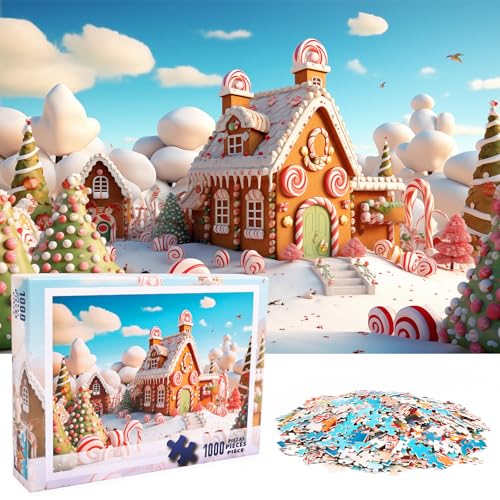 DERAYEE Christmas Jigsaw Puzzles for Adults 1000 Pieces Christmas Gingerbread House Puzzle Sweet Candy House Puzzles Gifts for Xmas Winter Holiday Decorations Fun Family Activity 295 x 197 inch - Image 1