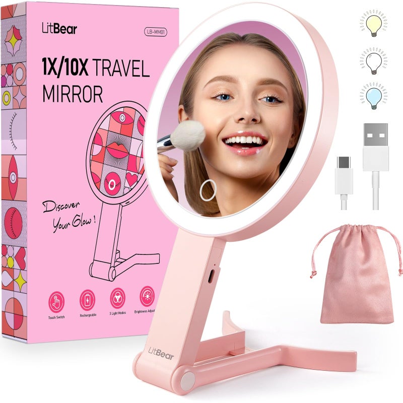 LitBear Travel Makeup Mirror with Lights Rechargeable DoubleSided 10X1X Magnifying Mirror Portable Lighted Beauty Mirror 3 Color Lighting Dimmable Touch Screen Tabletop Handhold Hanging Pink