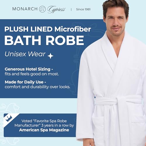 MONARCH Plush Lined Microfiber Bath Robe for Men or Women – Soft Microfiber Shell with Polyester Lining, Generously Sized Resort-Grade Spa & Hotel Robe with Pockets - Machine Washable (White) - Image 2