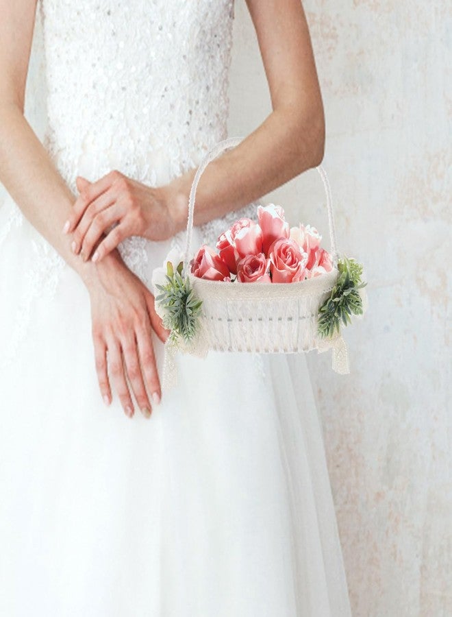 STOBAZA Ivory Wedding Flower Girl Basket, Handwoven Romantic Party Bridal Flower Basket with Elegant Handle - Image 3