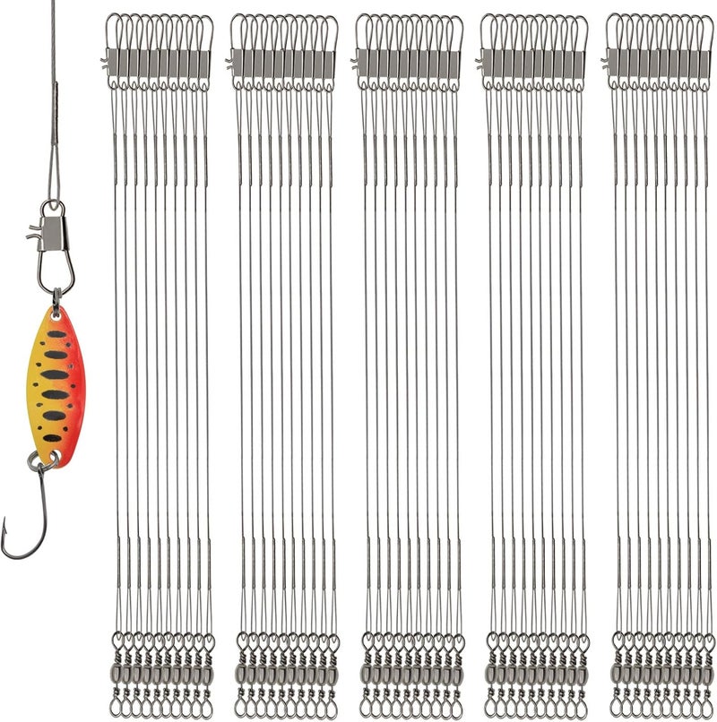 FREGITO Stainless Steel Fishing Leaders, Fishing Leader Line with Swivels and Clips for Saltwater and Freshwater, 31LB Per Piece, 6", 7", 9", 10", 12" - Image 1