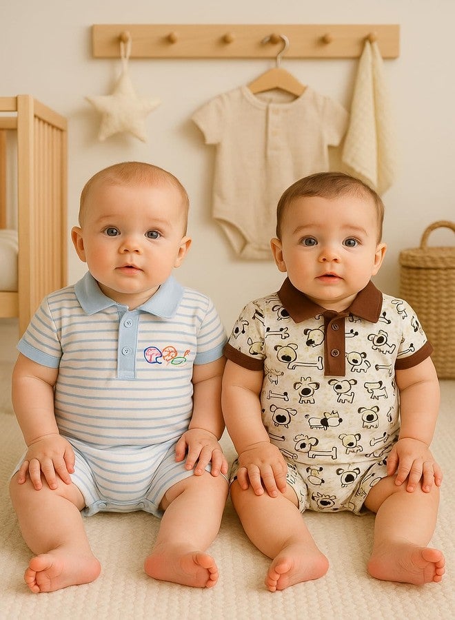 TuddyBuddy 100% Cotton Romper/Jumpsuit/Bodysuit Set for Baby (Pack of 2 Playsuits - Blue Stripes & White Puppy, 0-3 Months) - Image 3