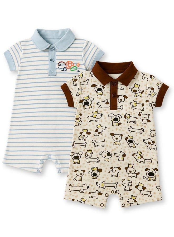 TuddyBuddy 100% Cotton Romper/Jumpsuit/Bodysuit Set for Baby (Pack of 2 Playsuits - Blue Stripes & White Puppy, 0-3 Months) - Image 1