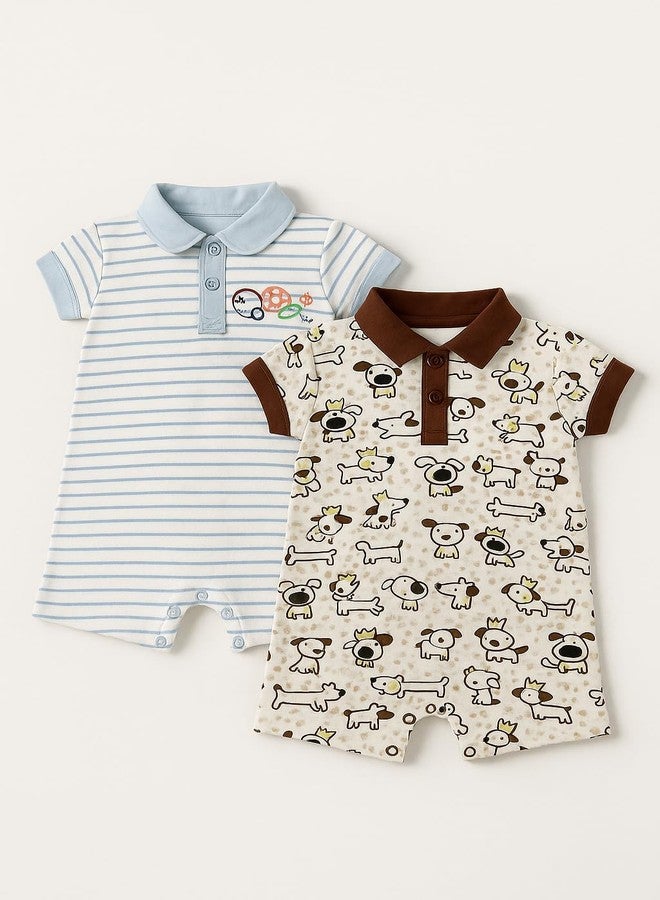 TuddyBuddy 100% Cotton Romper/Jumpsuit/Bodysuit Set for Baby (Pack of 2 Playsuits - Blue Stripes & White Puppy, 0-3 Months) - Image 2