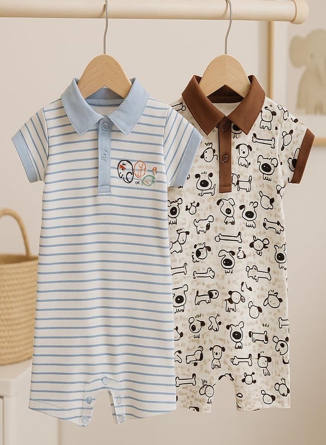 TuddyBuddy 100% Cotton Romper/Jumpsuit/Bodysuit Set for Baby (Pack of 2 Playsuits - Blue Stripes & White Puppy, 0-3 Months) - Image 4