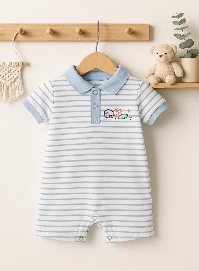 TuddyBuddy 100% Cotton Romper/Jumpsuit/Bodysuit Set for Baby (Pack of 2 Playsuits - Blue Stripes & White Puppy, 0-3 Months) - Image 5